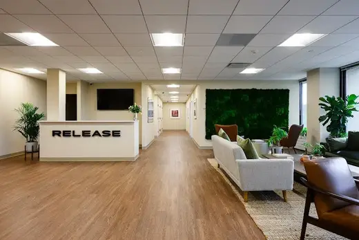 Welcoming reception area at Release Recovery, a sober living home in Bronx.